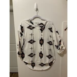 Moa Moa Women Large White Aztec Southwest Flowy Tunic Top Blouse Shirt Boho